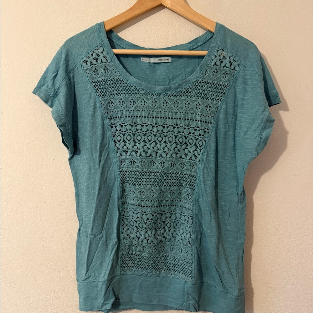 Maurices Teal Crochet Accent Short Sleeve Top